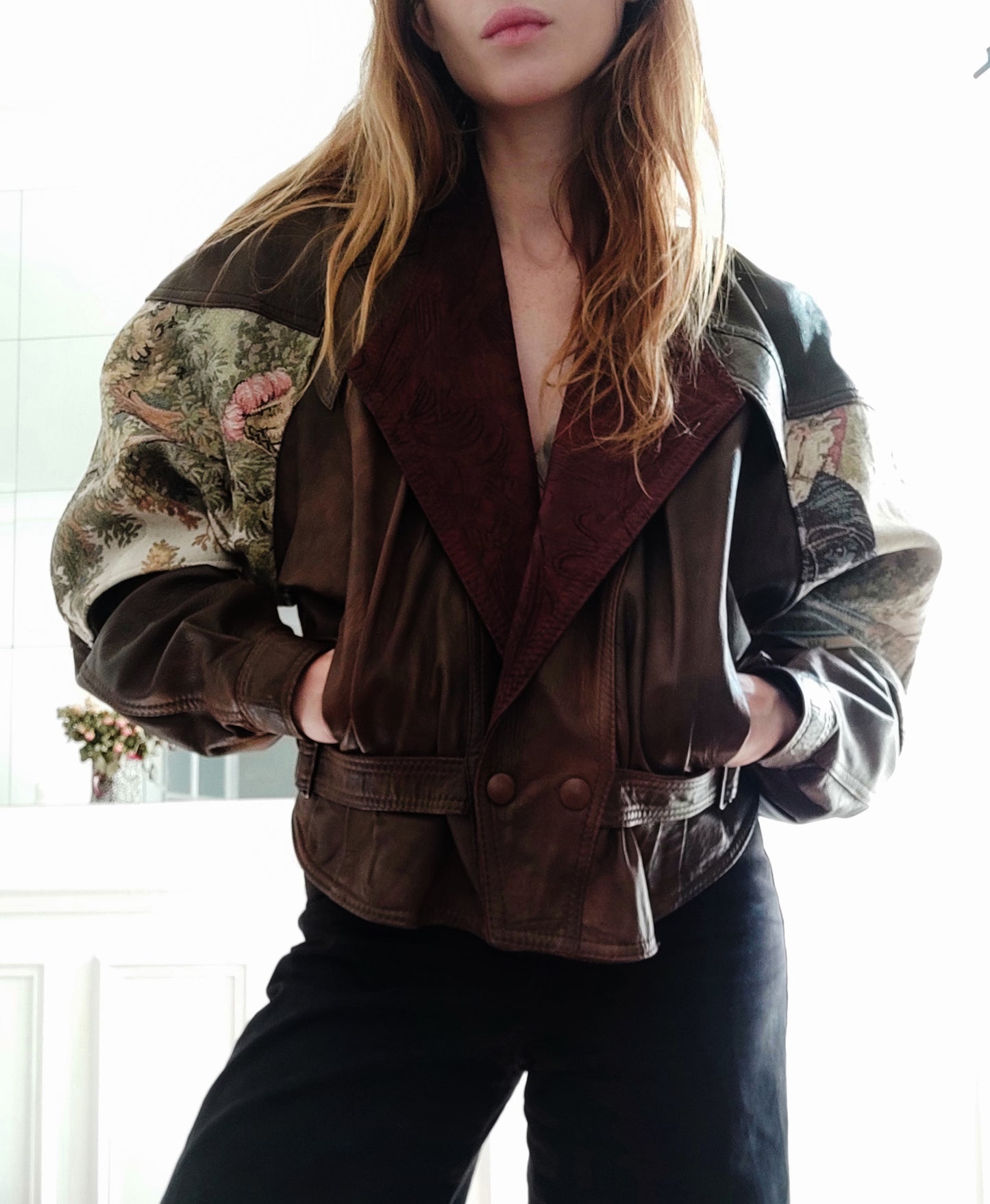 Leather tapestry puffer Jacket